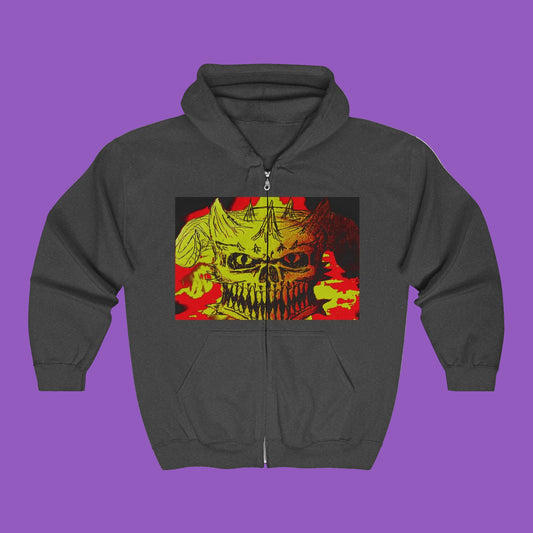 Skull Flame Zip Hoodie — Grunge Horror Graphic