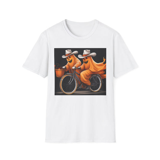 Funny cowboyGhost Bicycle T-Shirt | Halloween Tee for Kids, Unisex Festival Apparel, Ghostly Fun Wear, Spooky Season Gift