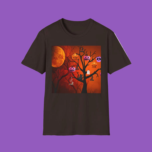 Halloween Pumpkin Tree T-Shirt, Unisex Softstyle Tee for Halloween, Spooky Vibe