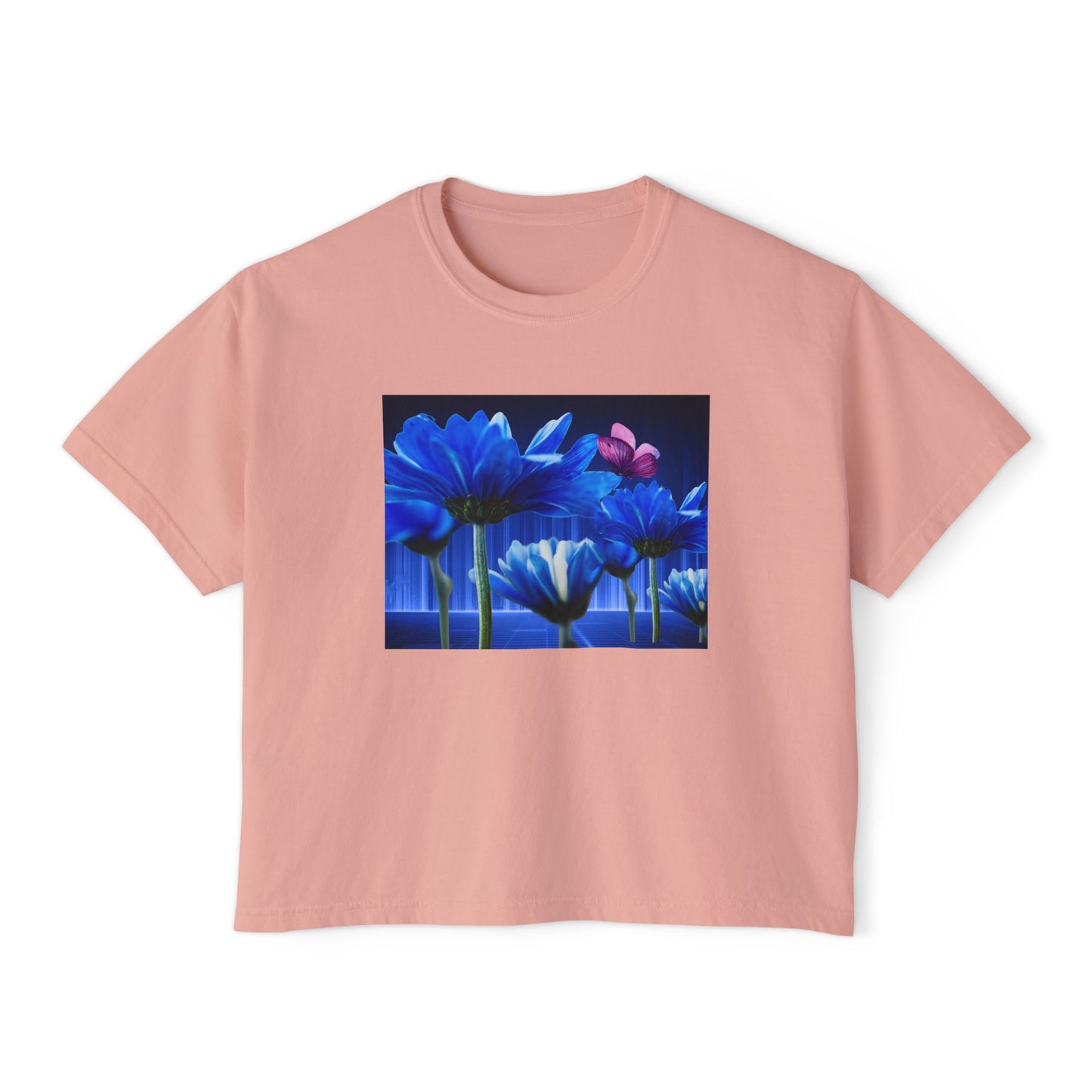 Floral Blue Flowered Backlight Women's Boxy Tee, Boho Chic Style, Perfect Summer Top, Gift for Her, Casual Cute Shirt, Nature-Inspired Apparel