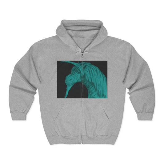Green Unicorn Graphic Full Zip Hoodie for Animal Lovers | Cozy Outerwear for Spring, Unique Gift, Casual Wear, Birthday, Festival