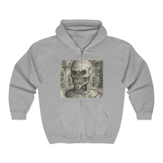 Gothic Black and White Skull Zip Hoodie, Unique Art Sweatshirt, Unisex Heavy Blend Hoodie, Stylish Casual Wear, Perfect for Halloween and Gift