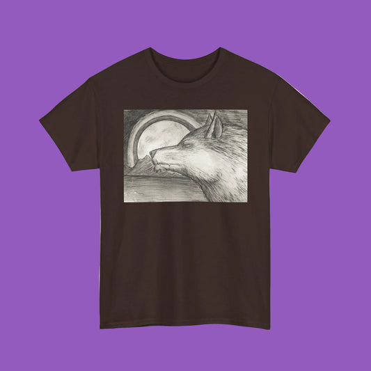 Wolf Sketch Moon T-Shirt — Black, White & Brown Wolf Illustration