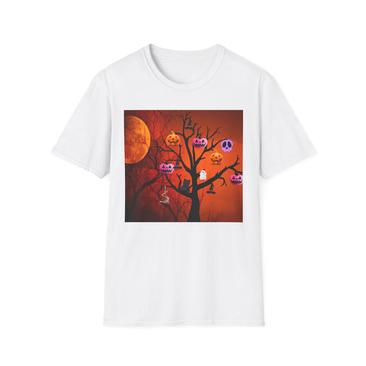 Halloween Pumpkin Tree T-Shirt, Unisex Softstyle Tee for Halloween, Spooky Vibes, Autumn Fashion, Fall Celebration Shirt
