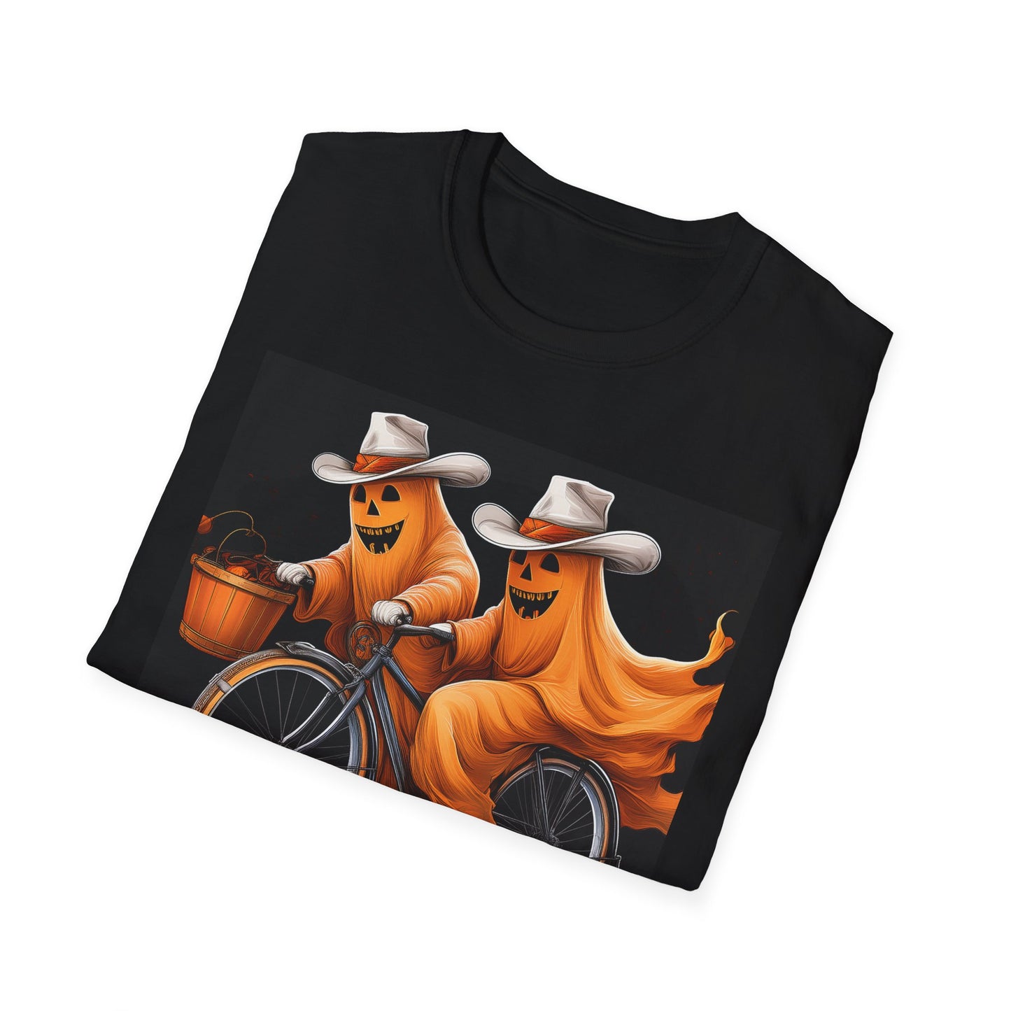 Funny cowboyGhost Bicycle T-Shirt | Halloween Tee for Kids, Unisex Festival Apparel, Ghostly Fun Wear, Spooky Season Gift