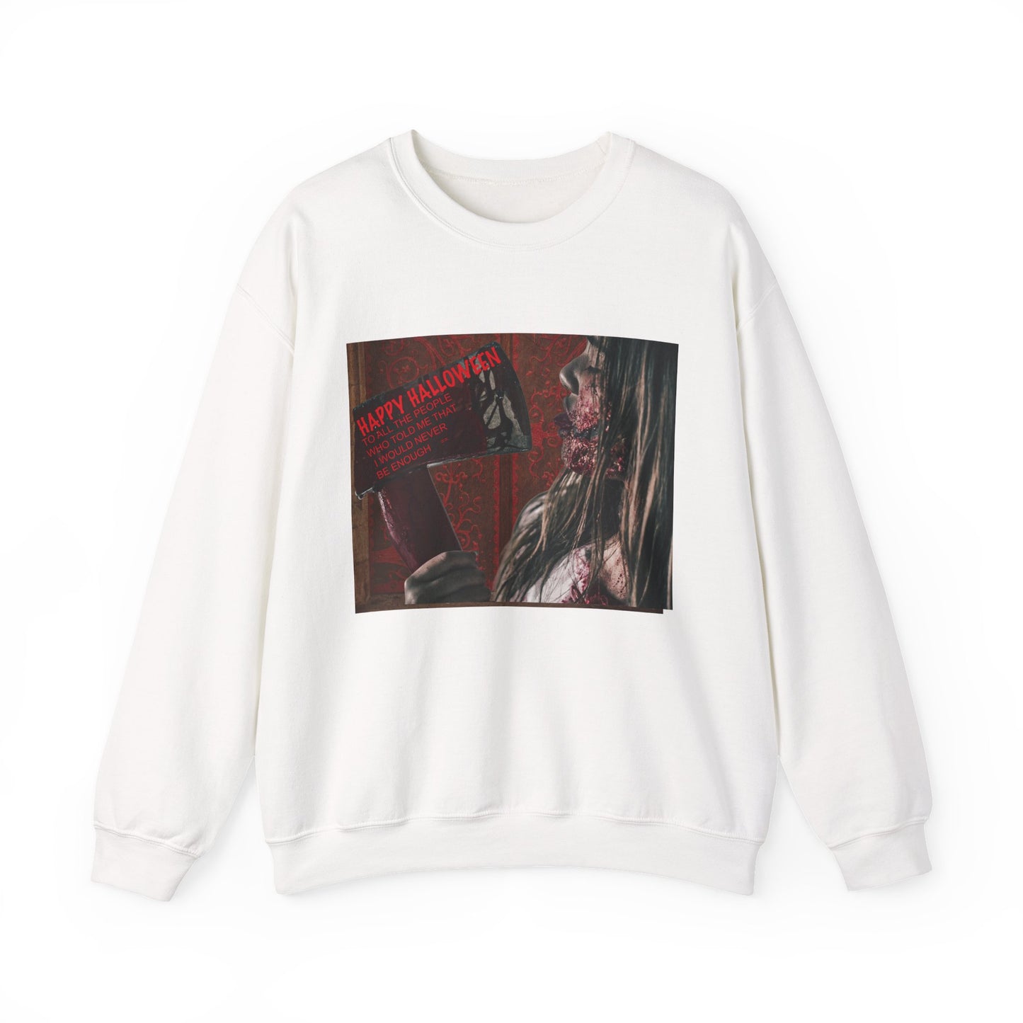 Halloween Horror Girl with Axe Sweatshirt, Unisex Crewneck, Horror Movie Fan Apparel, Halloween Costume Layering