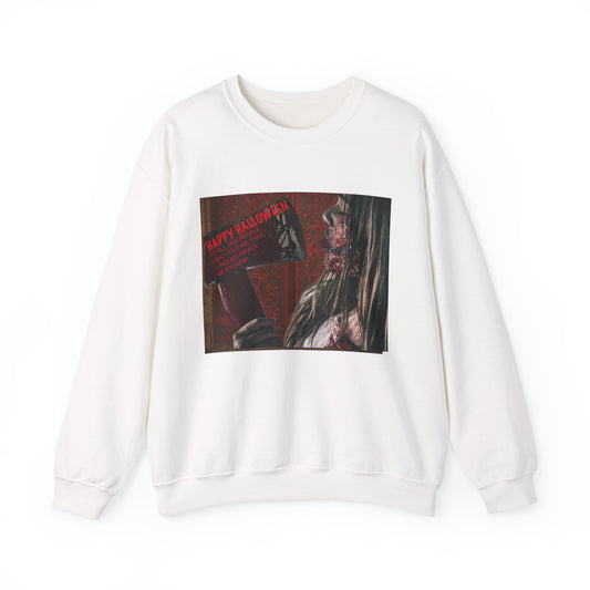 Halloween Horror Girl with Axe Sweatshirt, Unisex Crewneck, Horror Movie Fan Apparel, Halloween Costume Layering