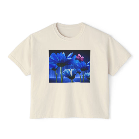 Floral Blue Flowered Backlight Women's Boxy Tee, Boho Chic Style, Perfect Summer Top, Gift for Her, Casual Cute Shirt, Nature-Inspired Apparel