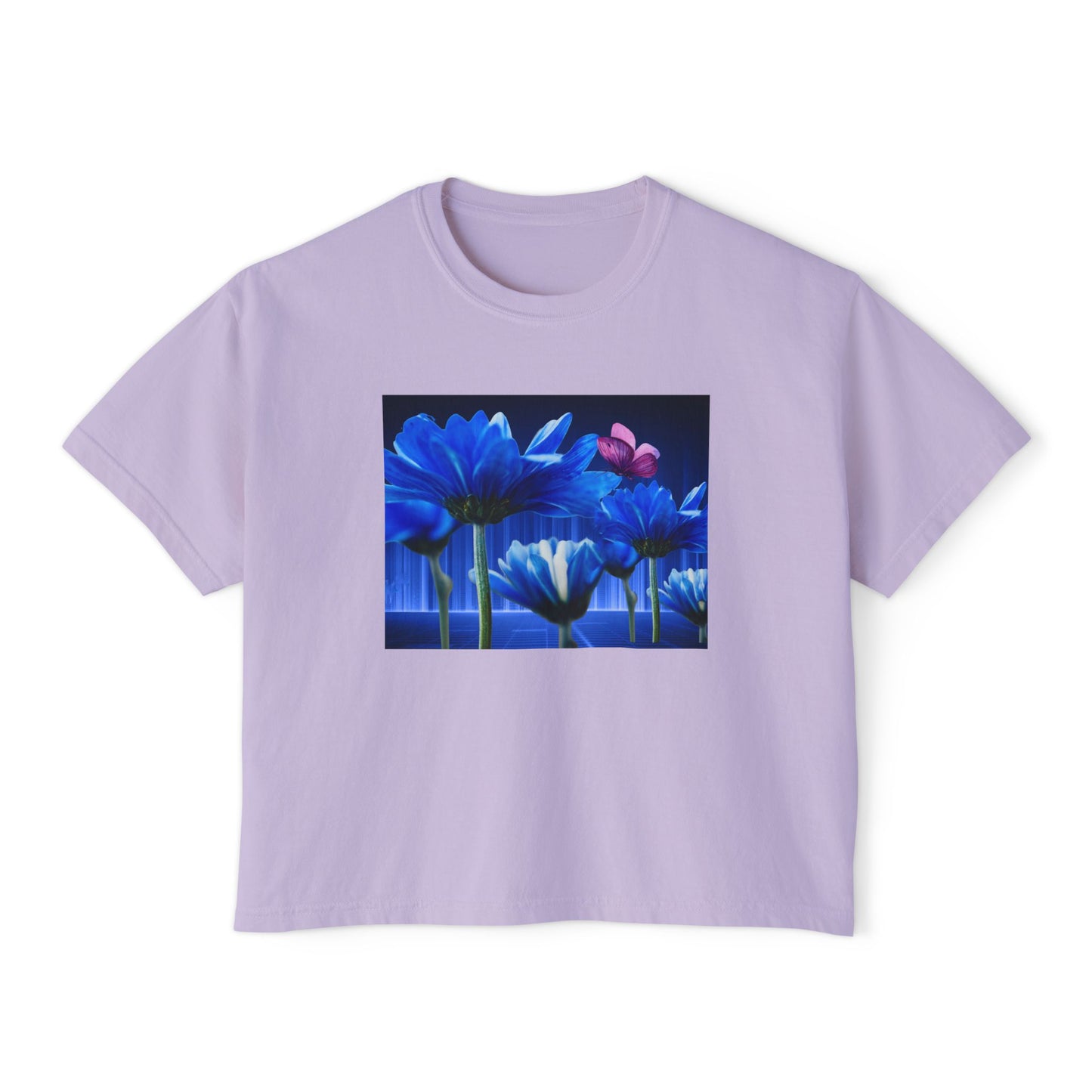 Floral Blue Flowered Backlight Women's Boxy Tee, Boho Chic Style, Perfect Summer Top, Gift for Her, Casual Cute Shirt, Nature-Inspired Apparel