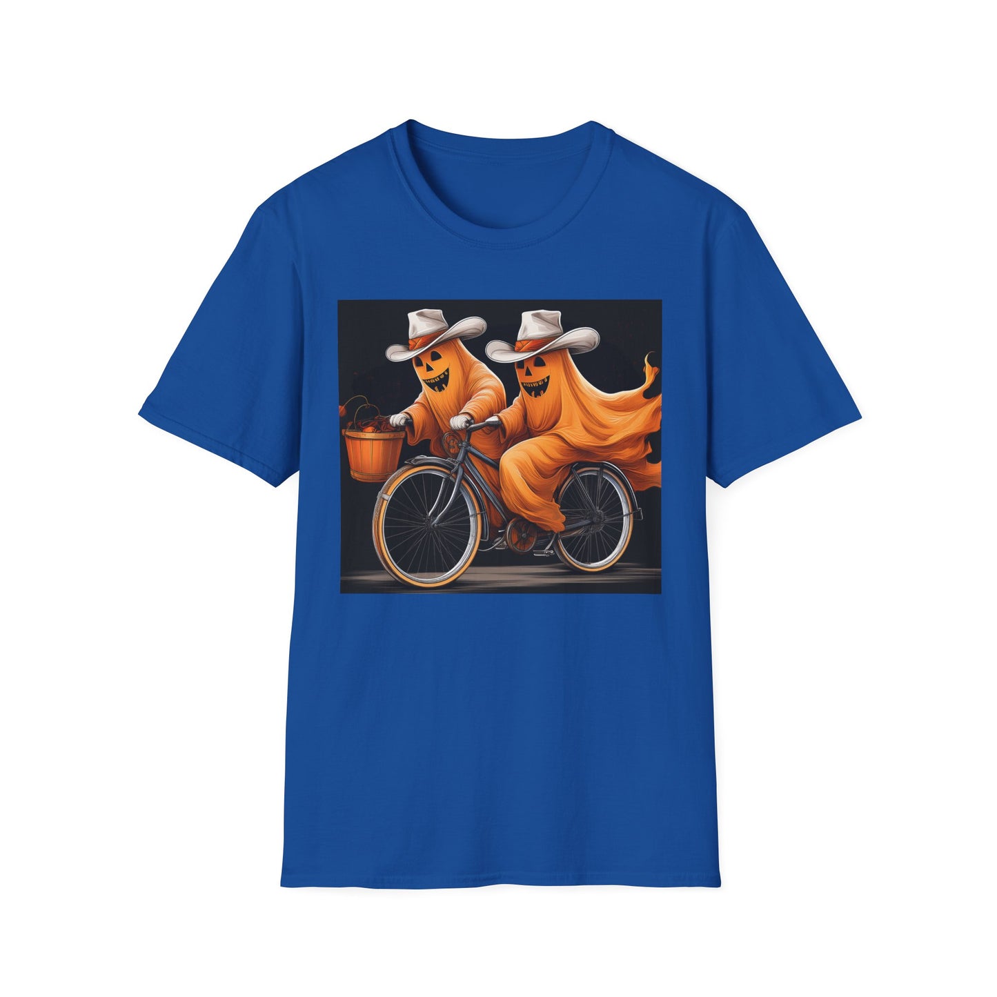 Funny cowboyGhost Bicycle T-Shirt | Halloween Tee for Kids, Unisex Festival Apparel, Ghostly Fun Wear, Spooky Season Gift