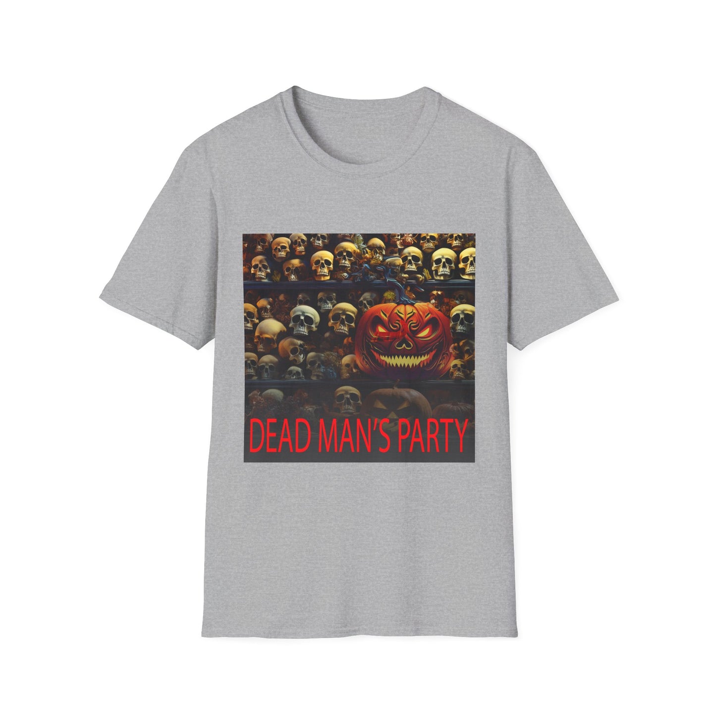 Halloween Dead Mans Party Tee, Unisex Softstyle T-Shirt, Skull Graphic Shirt, Casual Halloween Outfit, Spooky Season Apparel, Horror Fan Gift