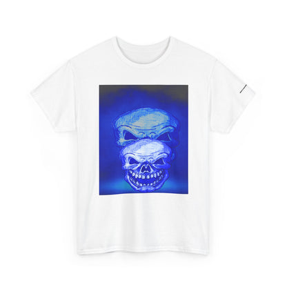 Skull Double Exposure Tee — Neon Blue Horror Graphic T-Shirt
