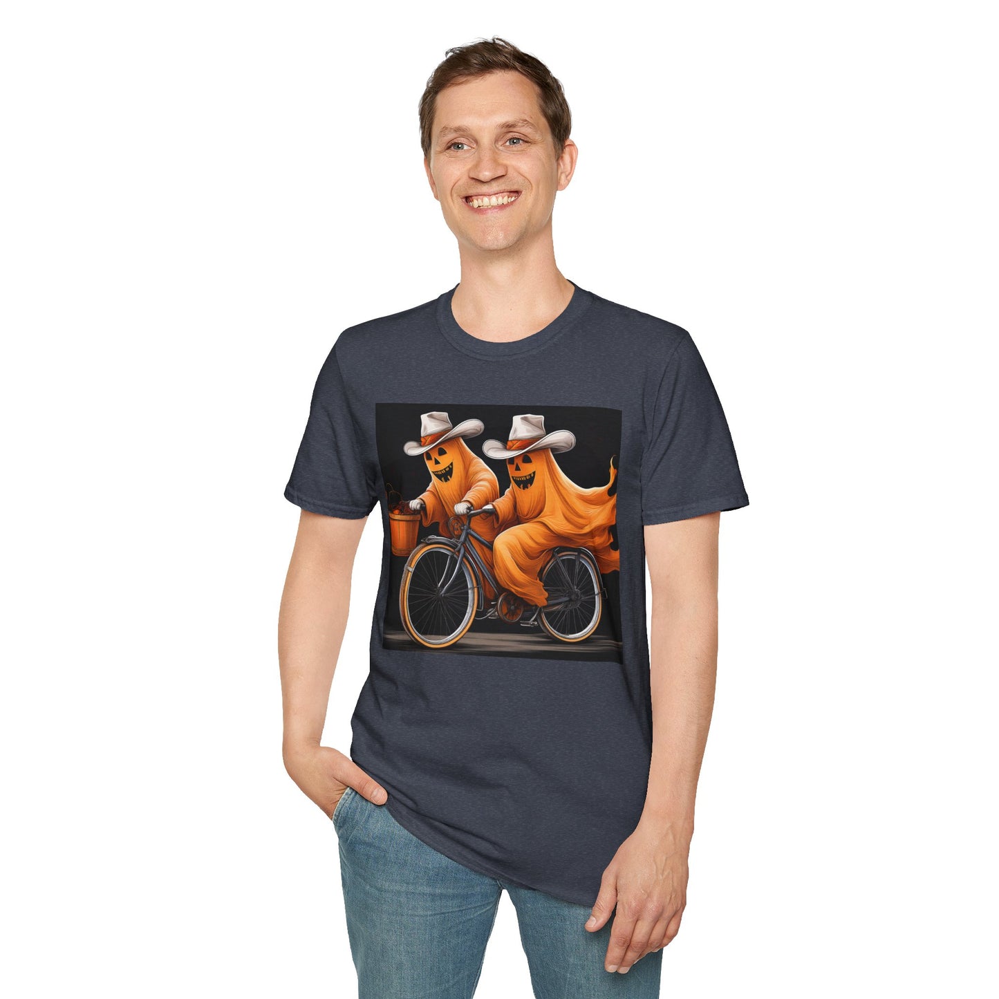 Funny cowboyGhost Bicycle T-Shirt | Halloween Tee for Kids, Unisex Festival Apparel, Ghostly Fun Wear, Spooky Season Gift