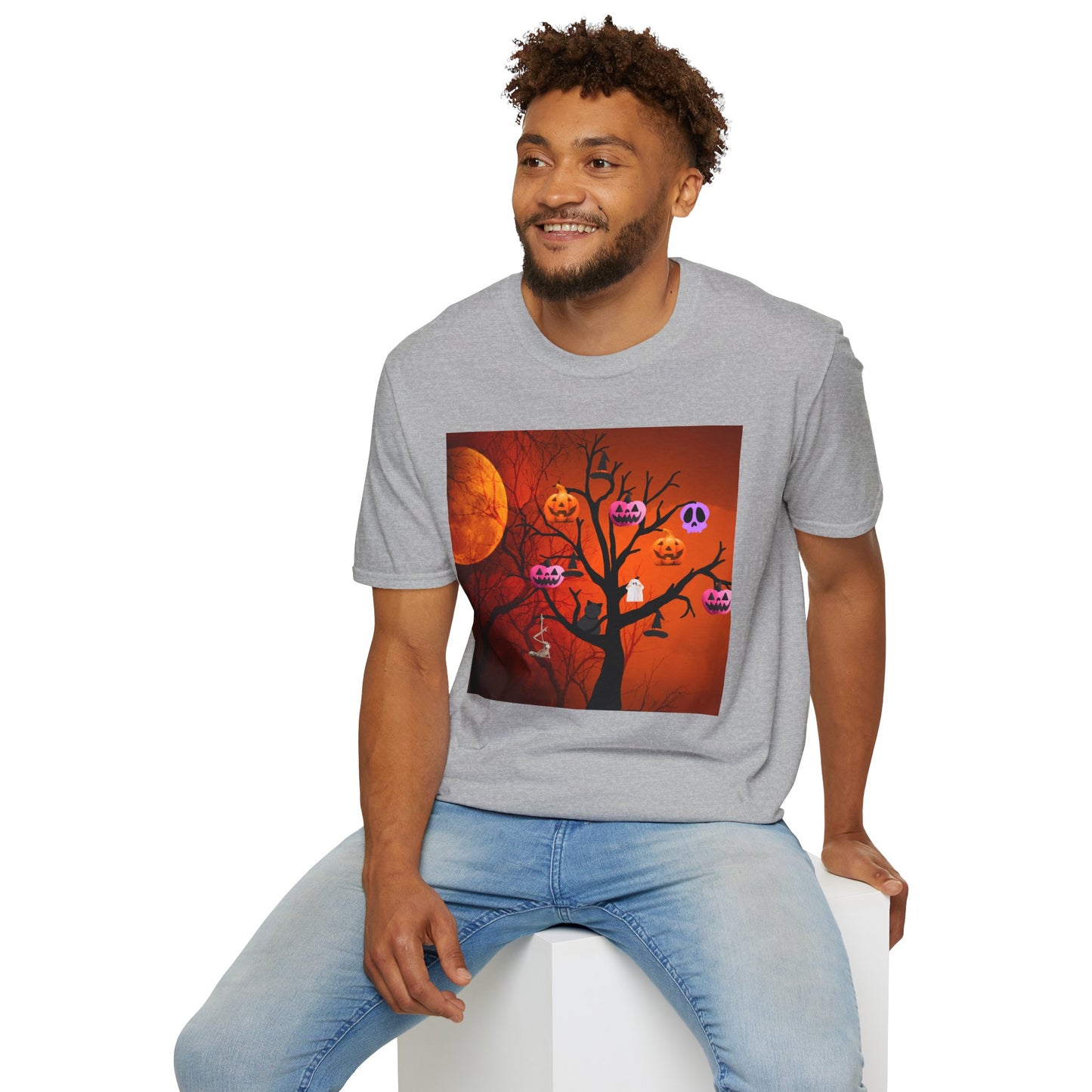 Halloween Pumpkin Tree T-Shirt, Unisex Softstyle Tee for Halloween, Spooky Vibes, Autumn Fashion, Fall Celebration Shirt