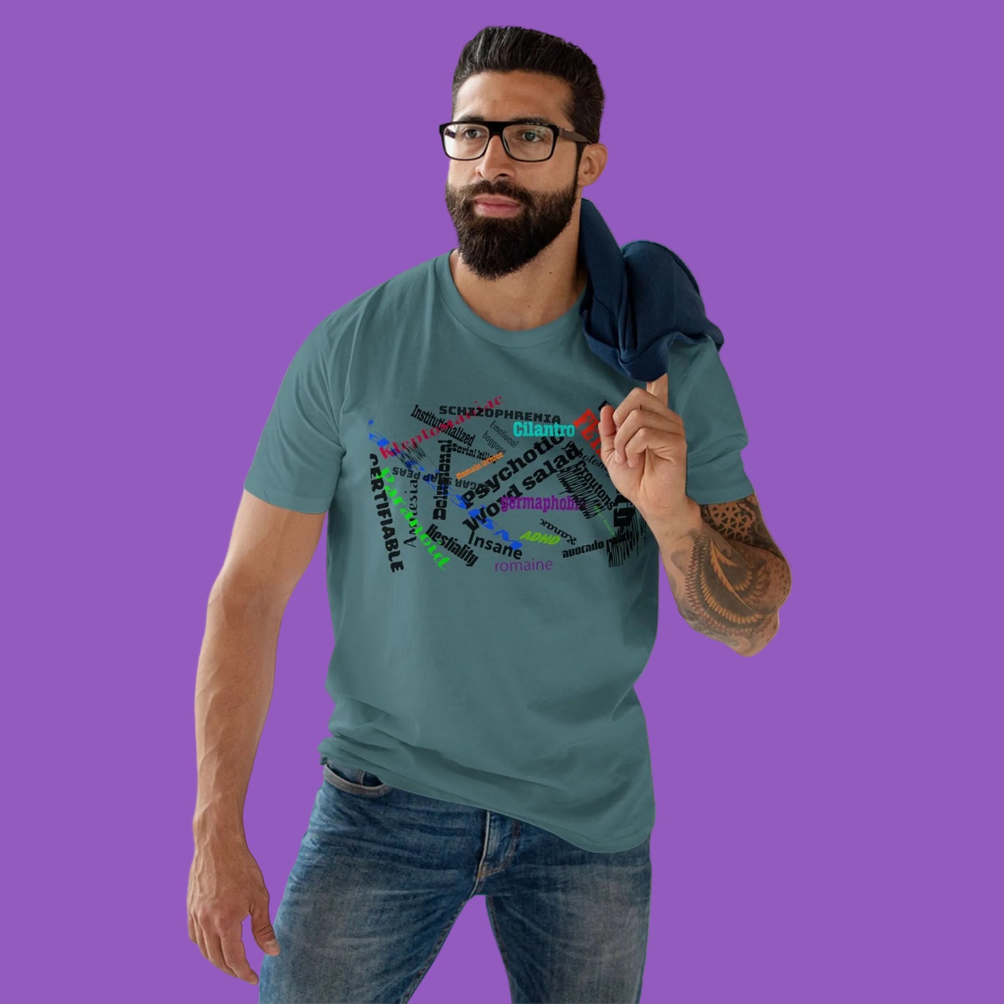 Psychotic Word Salad Tee — Abstract Multicolor Typography Graphic T-Shirt