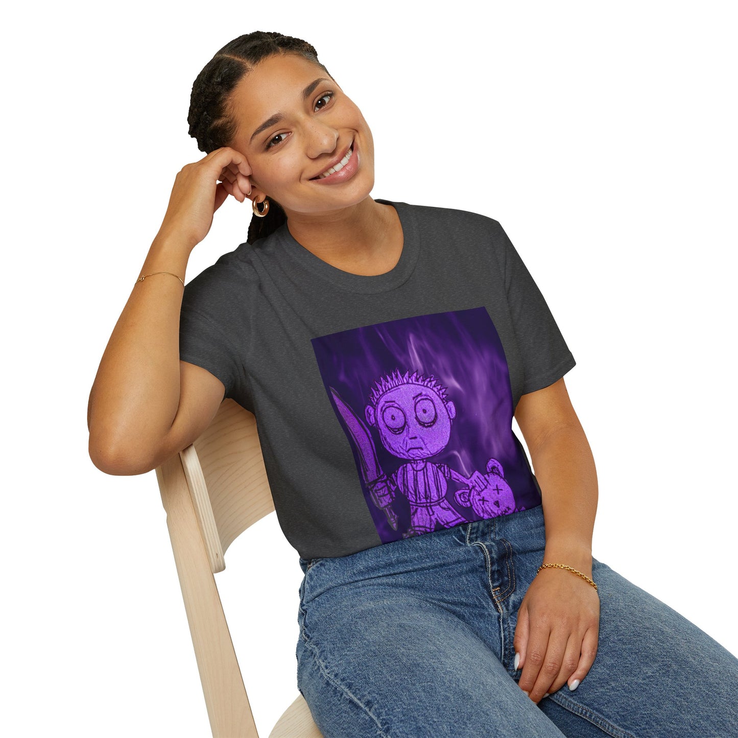 Gothic Purple Cartoon Horror Tee — Knife Kid with Teddy Graphic T-Shirt