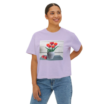 Floral Country Tulips Women's Boxy Tee - Cute Spring Top, Casual Wear, Gift for Her, Garden Lovers, Everyday Style