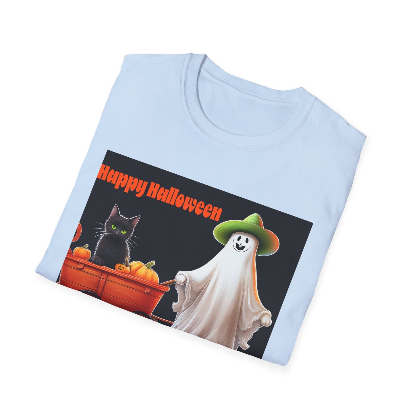 Halloween Ghost with wagon t-Shirt, trick or treating  Funny Halloween Tee, Unisex Casual Shirt, Cute Halloween Costume, Spooky Holiday Apparel