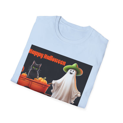 Halloween Ghost with wagon t-Shirt, trick or treating  Funny Halloween Tee, Unisex Casual Shirt, Cute Halloween Costume, Spooky Holiday Apparel