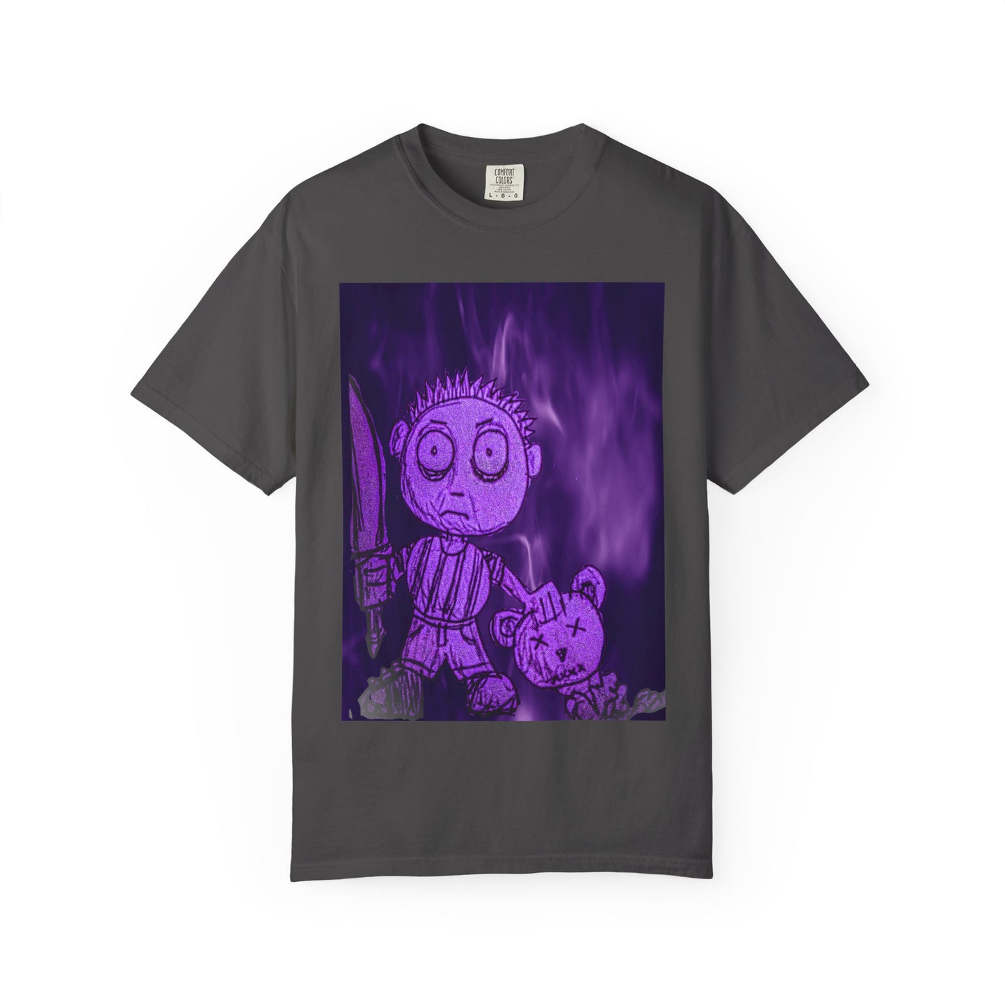 Horror Cartoon T-Shirt — Creepy Knife Kid with Broken Bunny Graphic
