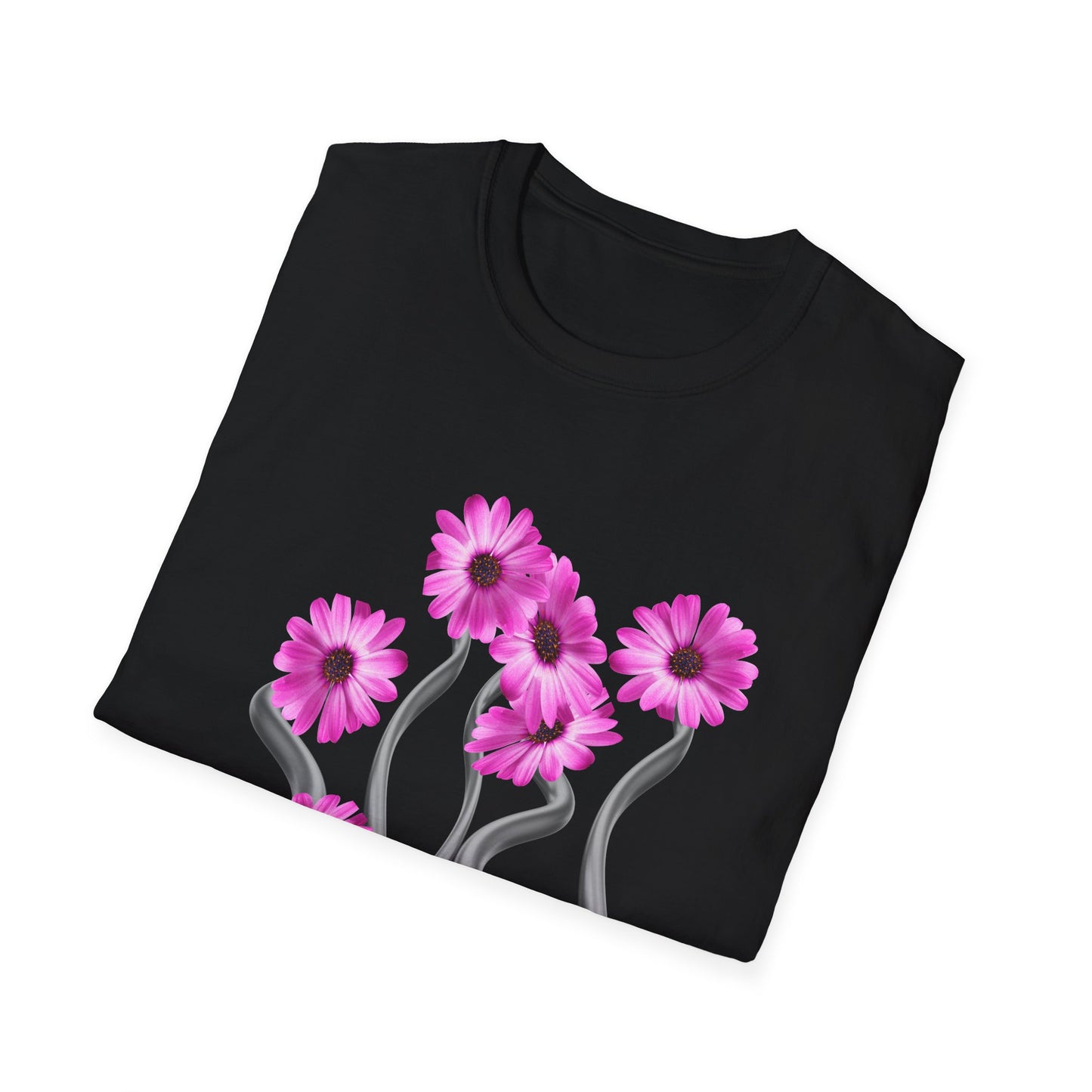 Floral Metal Futuristic Twist T‑Shirt — Pink Daisy Vine Graphic Tee