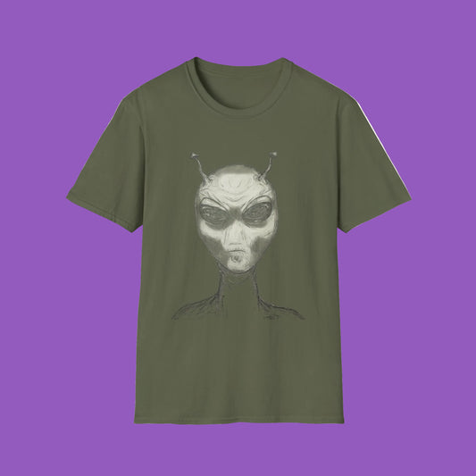 Alien Black and White Original Sketch Unisex Softstyle T-Shirt, Casual Graphic Tee
