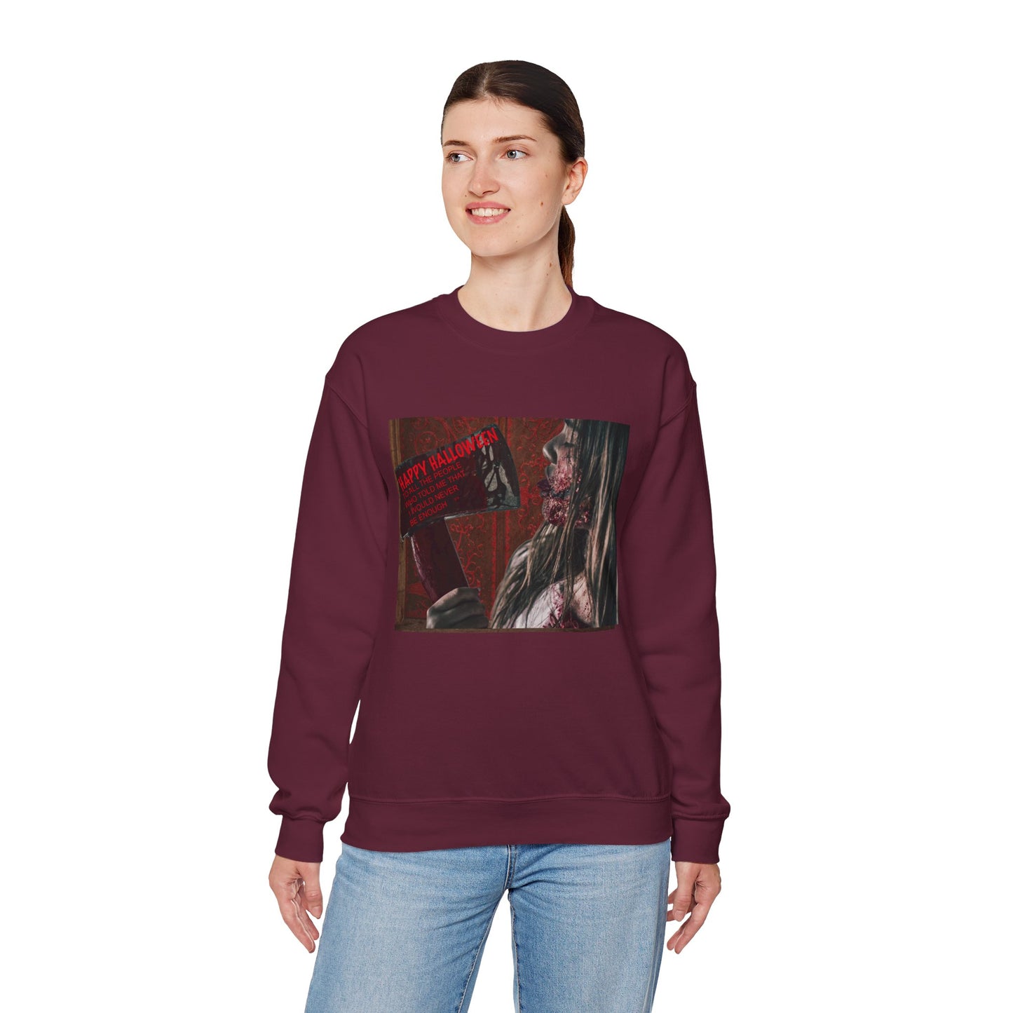 Halloween Horror Girl with Axe Sweatshirt, Unisex Crewneck, Horror Movie Fan Apparel, Halloween Costume Layering