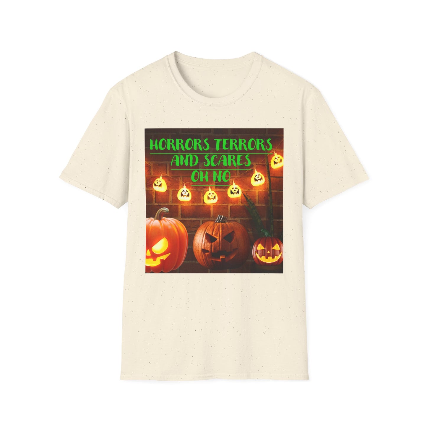 Halloween T-Shirt with Scary Pumpkins and string lights - Horror, Terrors and Scares Oh No