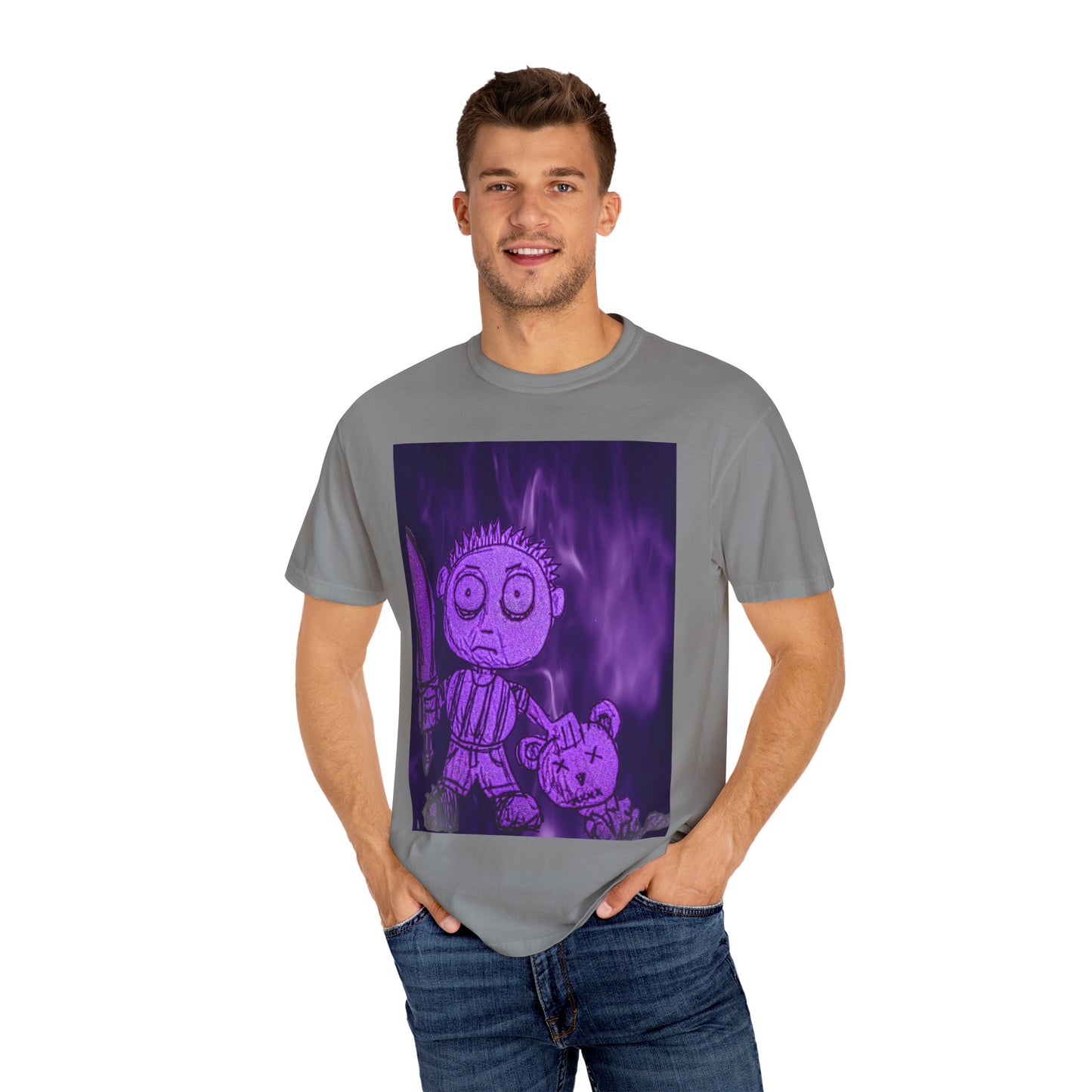 Horror Cartoon T-Shirt — Creepy Knife Kid with Broken Bunny Graphic