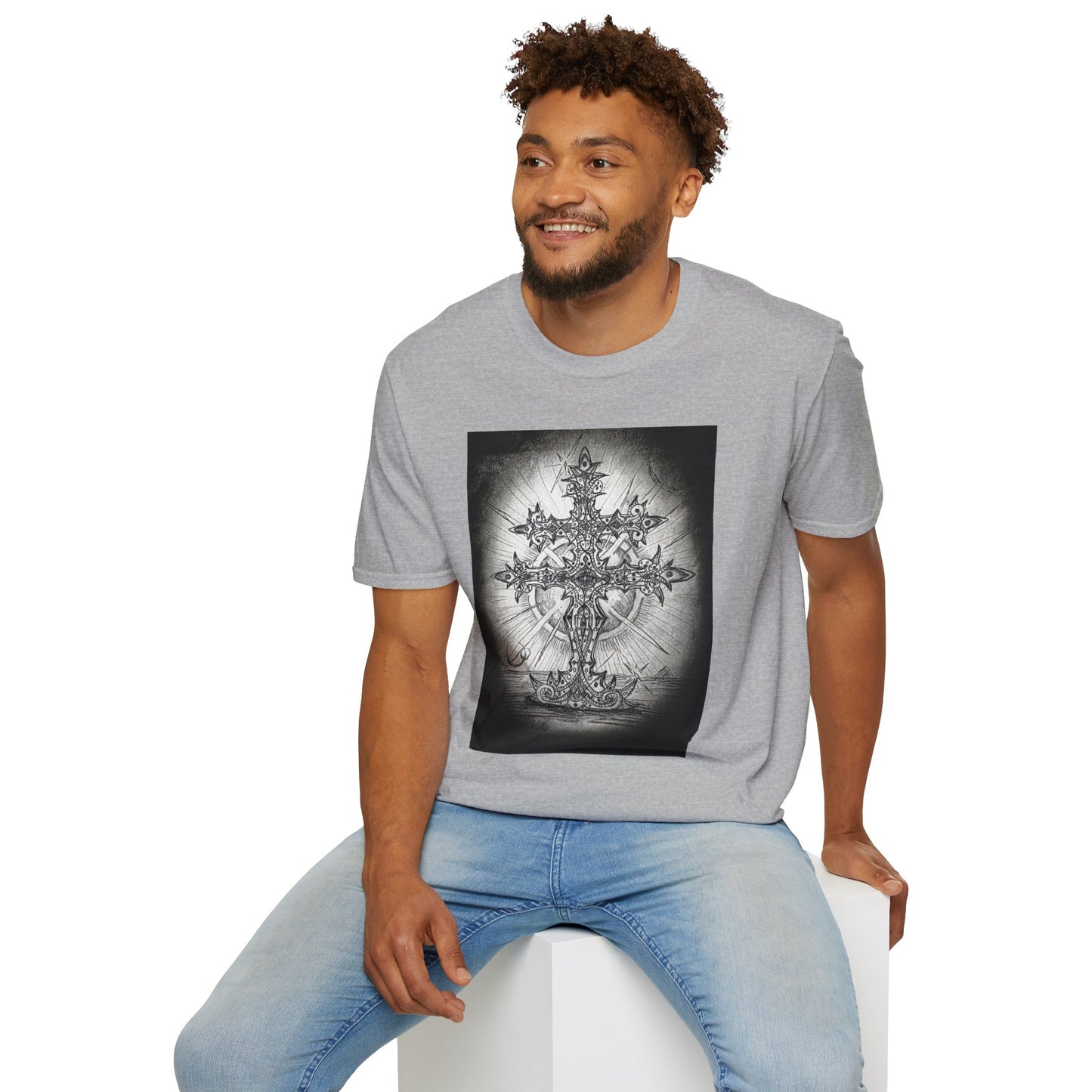 Celtic Cross Graphic Tee, Unisex Softstyle T-Shirt, Spiritual Cross Design Shirt, Casual Wear, Gift for Him/Her