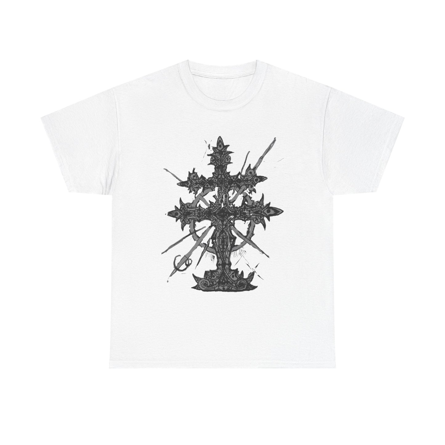 Gothic Cross Graphic T-Shirt — Dark Ornate Church Cross Tee