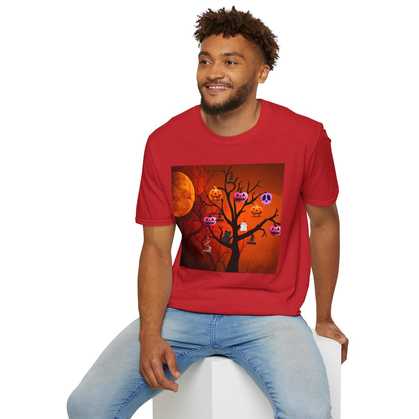 Halloween Pumpkin Tree T-Shirt, Unisex Softstyle Tee for Halloween, Spooky Vibes, Autumn Fashion, Fall Celebration Shirt
