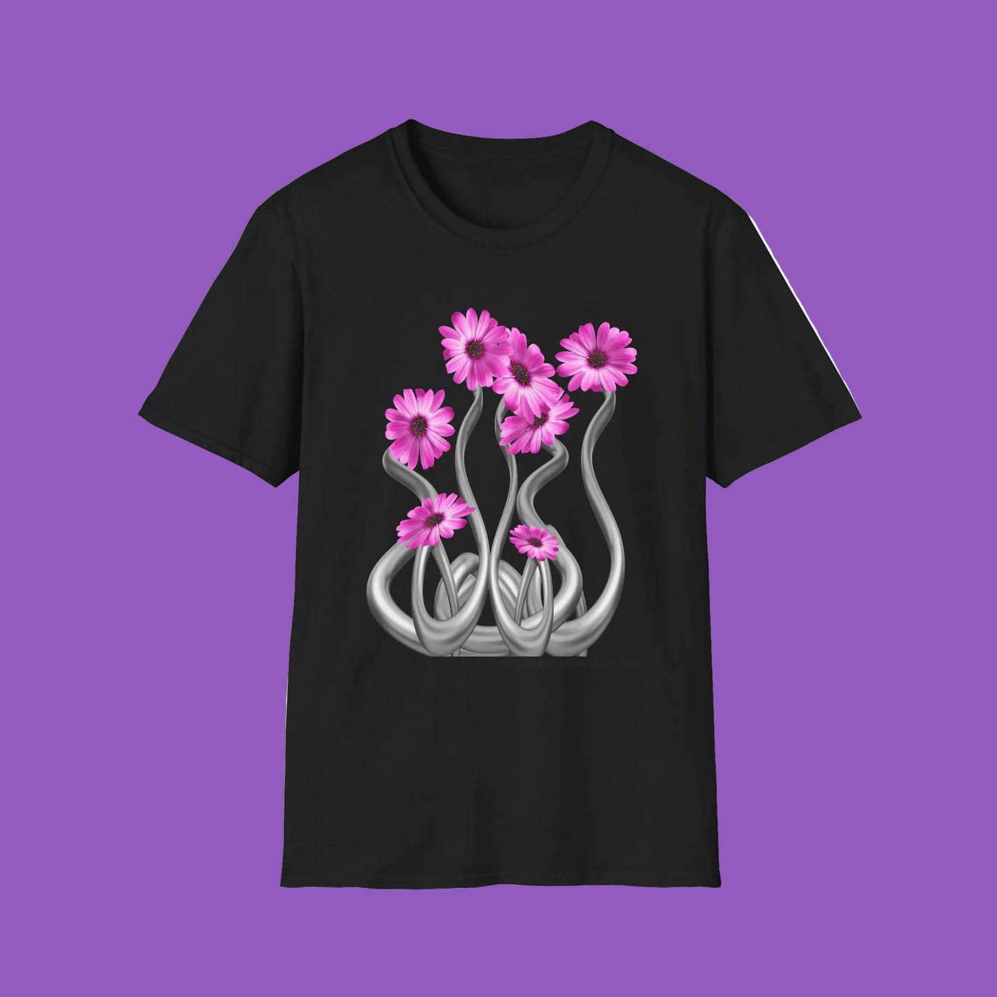 Floral Metal Futuristic Twist T‑Shirt — Pink Daisy Vine Graphic Tee
