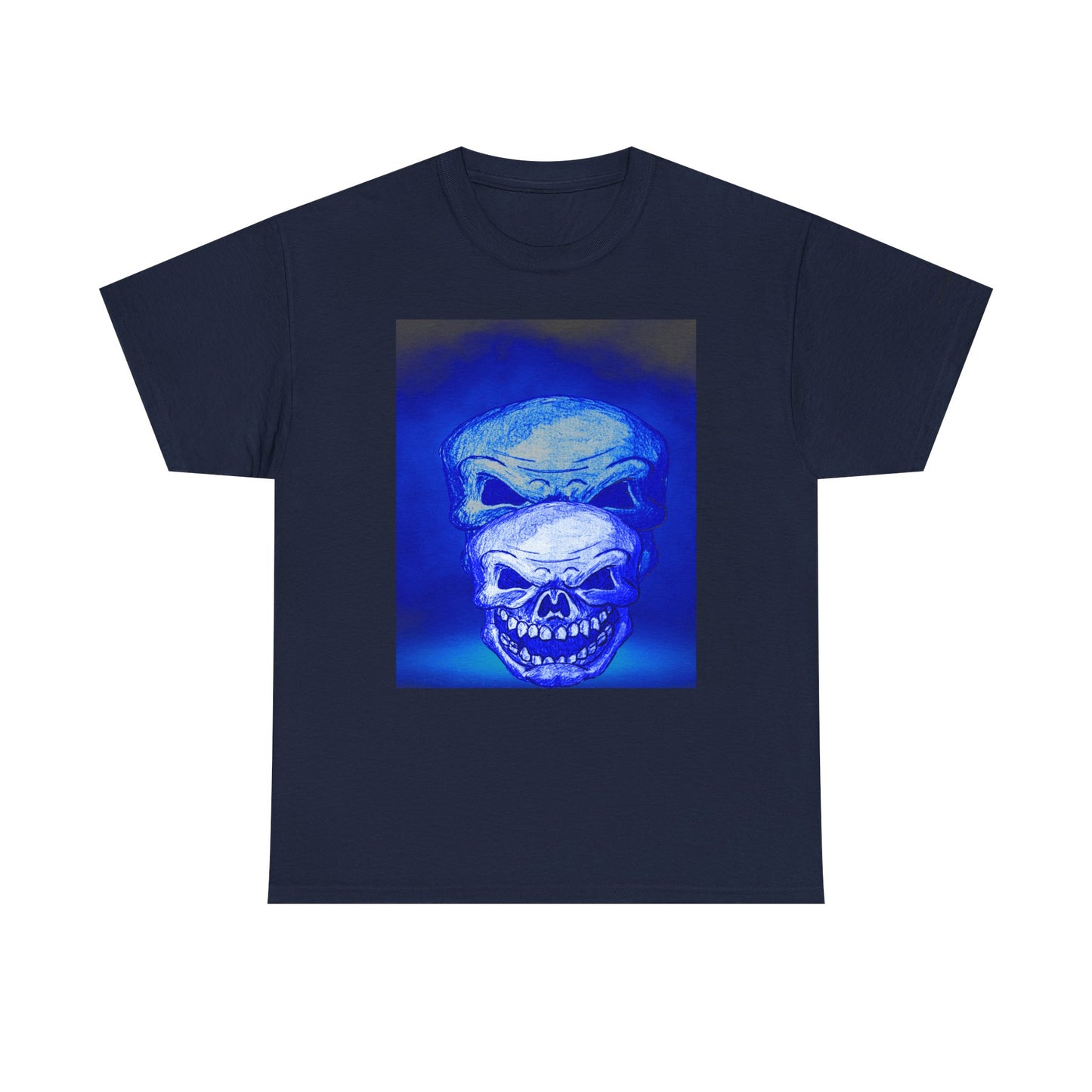 Skull Double Exposure Tee — Neon Blue Horror Graphic T-Shirt