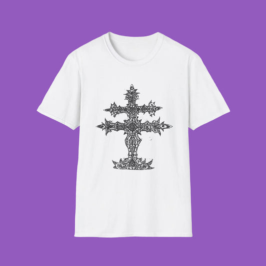 Celtic Cross Graphic Tee, Unisex Softstyle T-Shirt, Spiritual Cross Design Shirt, Casual Wear, Gift for Him/Her