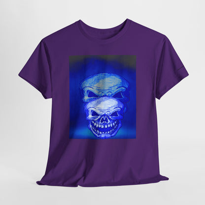 Skull Double Exposure Tee — Neon Blue Horror Graphic T-Shirt