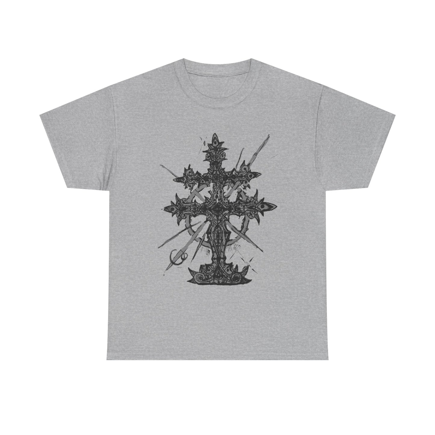 Gothic Cross Graphic T-Shirt — Dark Ornate Church Cross Tee