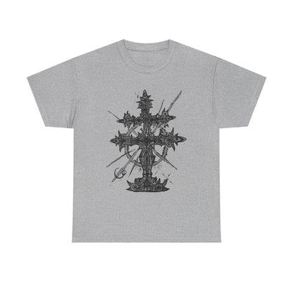 Gothic Cross Graphic T-Shirt — Dark Ornate Church Cross Tee