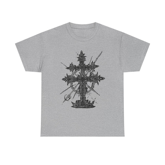 Gothic Cross Graphic T-Shirt — Dark Ornate Church Cross Tee