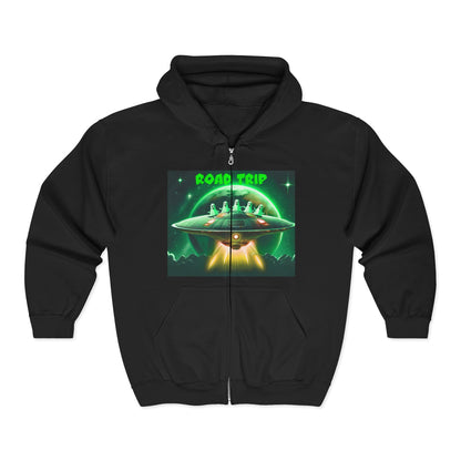 UFO Road Trip Hoodie, Unisex Zip Hoodie, Sci-Fi Sweatshirt, Alien Themed Apparel, Cool Graphic Hoodie, Gift for UFO Lovers