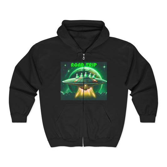 UFO Road Trip Hoodie, Unisex Zip Hoodie, Sci-Fi Sweatshirt, Alien Themed Apparel, Cool Graphic Hoodie, Gift for UFO Lovers