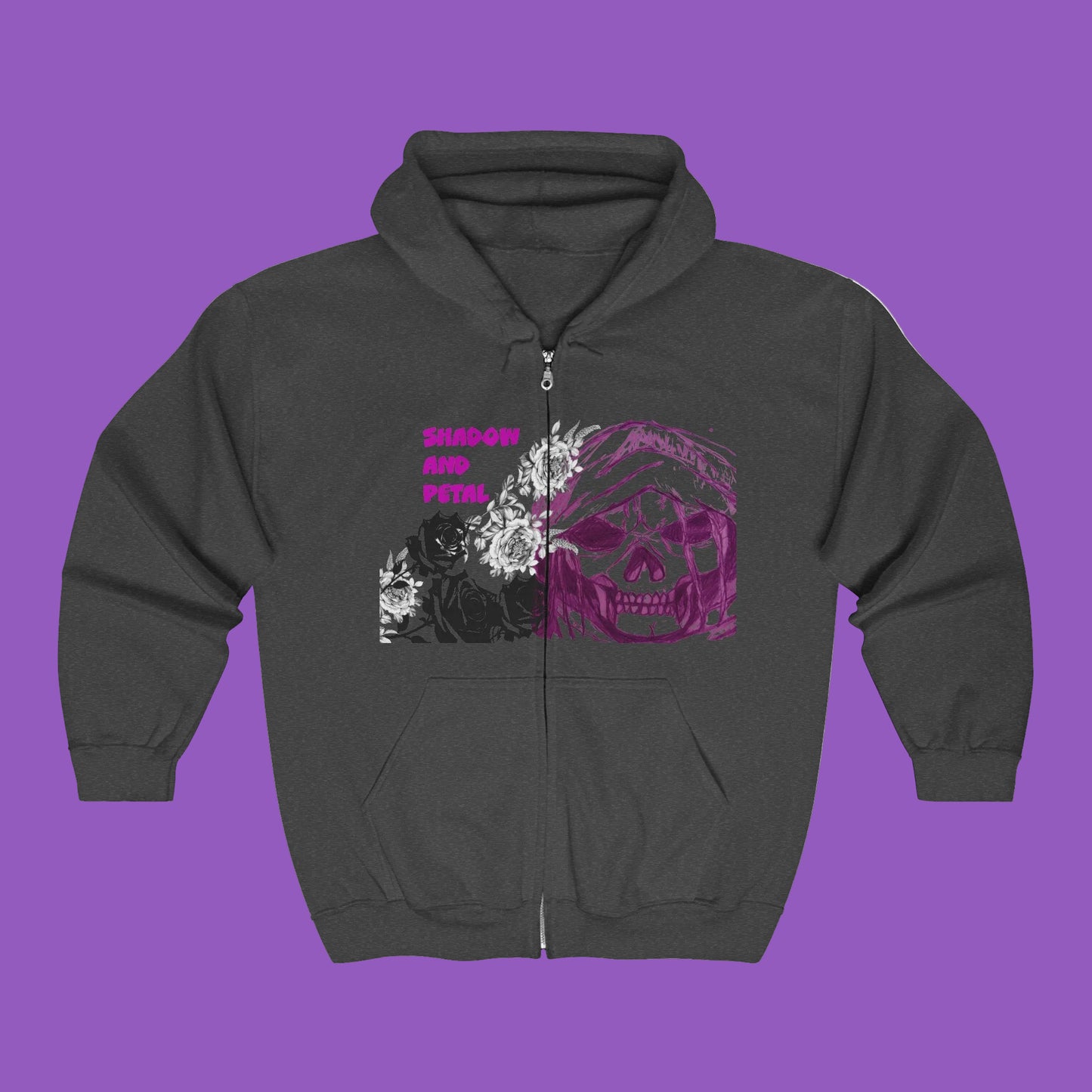 Zip Hoodie - Retro Grunge Skull & Roses Full-Zip Sweatshirt