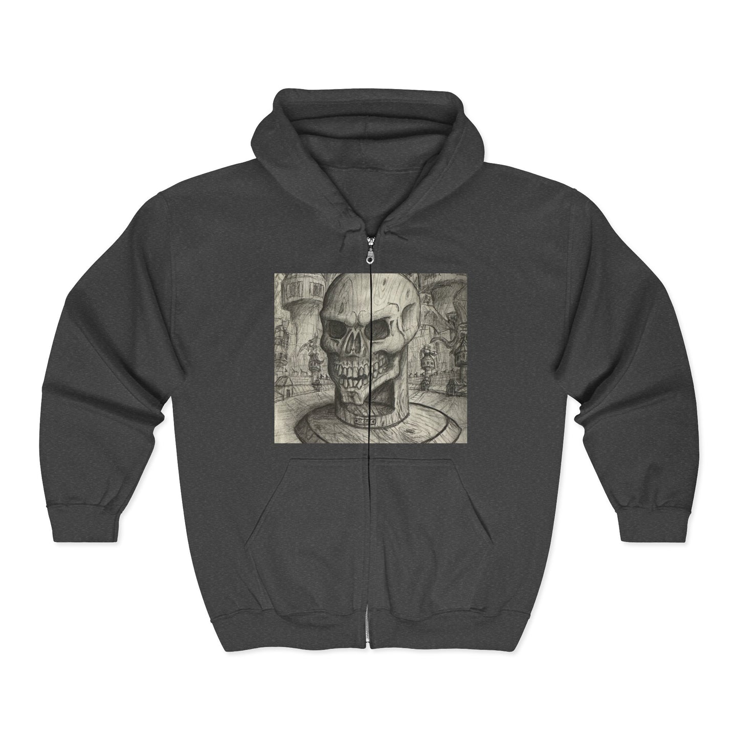 Gothic Black and White Skull Zip Hoodie, Unique Art Sweatshirt, Unisex Heavy Blend Hoodie, Stylish Casual Wear, Perfect for Halloween and Gift