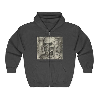 Gothic Black and White Skull Zip Hoodie, Unique Art Sweatshirt, Unisex Heavy Blend Hoodie, Stylish Casual Wear, Perfect for Halloween and Gift