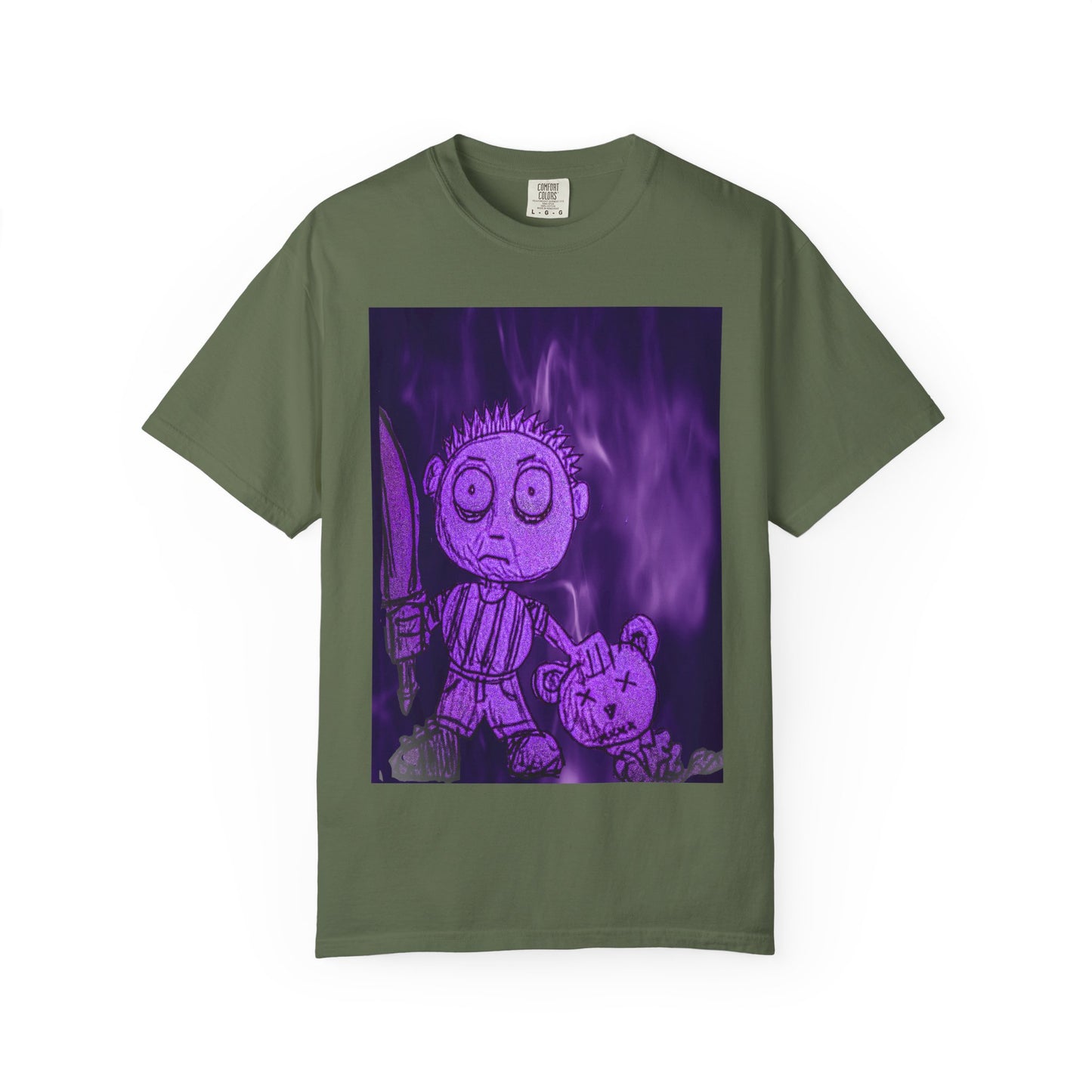 Horror Cartoon T-Shirt — Creepy Knife Kid with Broken Bunny Graphic