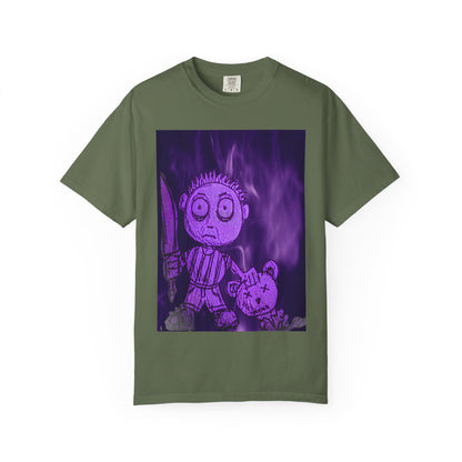 Horror Cartoon T-Shirt — Creepy Knife Kid with Broken Bunny Graphic
