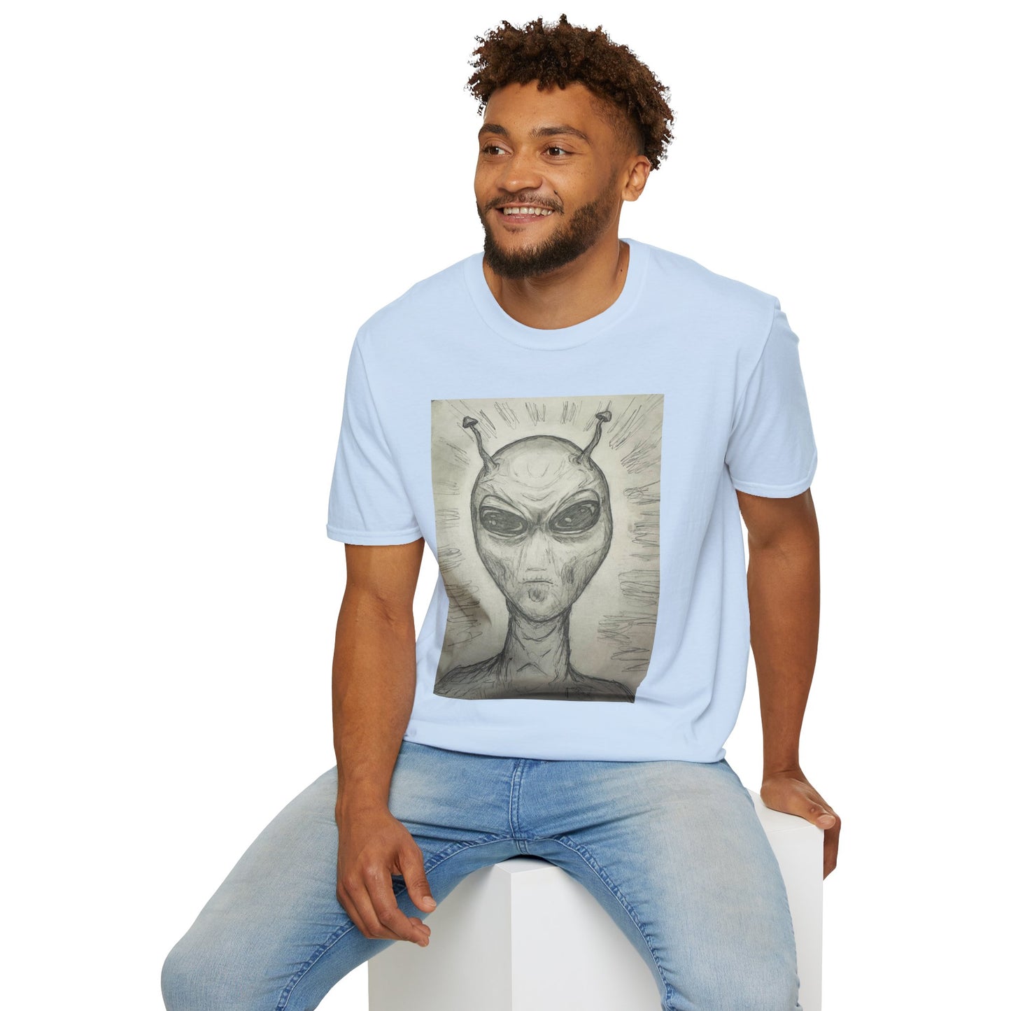 Alien Sketch B & W Unisex Softstyle T-Shirt, Casual Graphic Tee, Sci-Fi Lover Apparel, Unique Gift for UFO Enthusiasts, Everyday Wear
