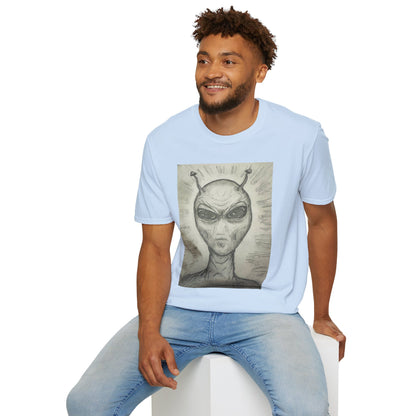 Alien Sketch B & W Unisex Softstyle T-Shirt, Casual Graphic Tee, Sci-Fi Lover Apparel, Unique Gift for UFO Enthusiasts, Everyday Wear