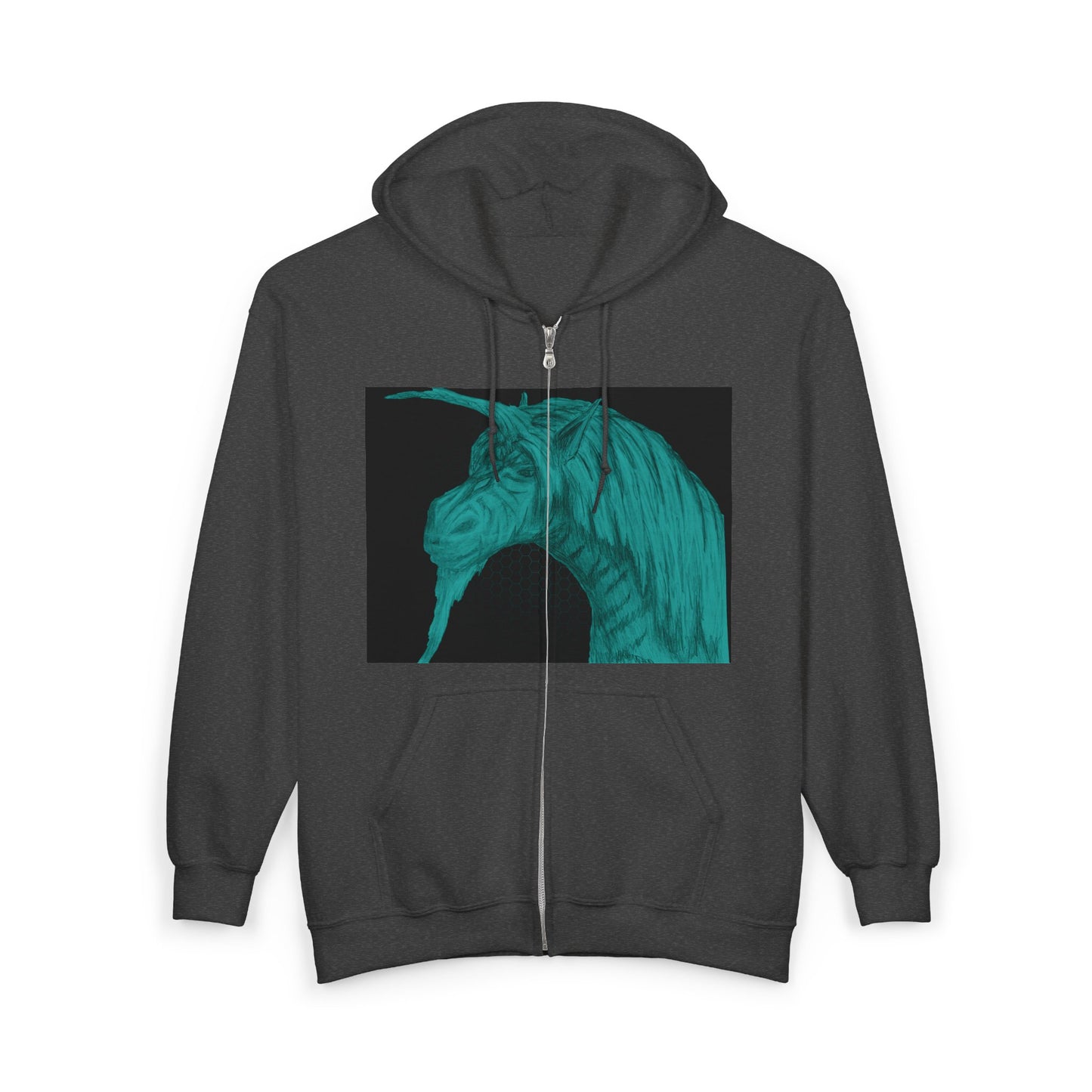 Green Unicorn Graphic Full Zip Hoodie for Animal Lovers | Cozy Outerwear for Spring, Unique Gift, Casual Wear, Birthday, Festival