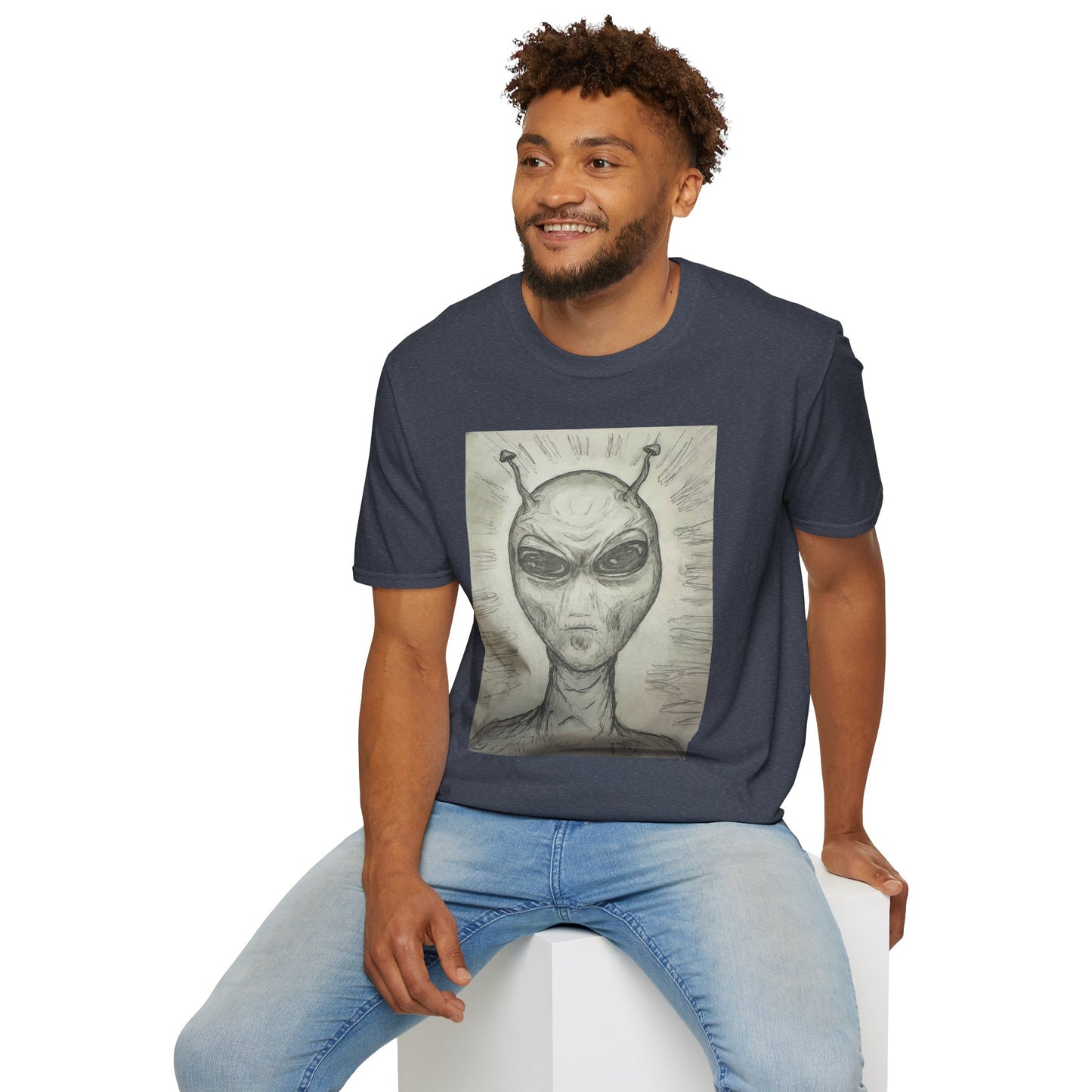 Alien Sketch B & W Unisex Softstyle T-Shirt, Casual Graphic Tee, Sci-Fi Lover Apparel, Unique Gift for UFO Enthusiasts, Everyday Wear